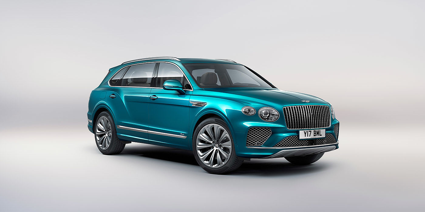 Bentley Changsha Bentley Bentayga EWB Azure front three-quarter view, featuring a fluted chrome grille with a matrix lower grille and chrome accents in Topaz blue paint.