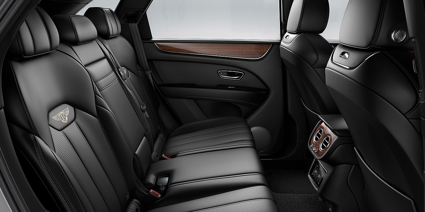 Bentley Changsha Bentey Bentayga interior view for rear passengers with Beluga black hide.