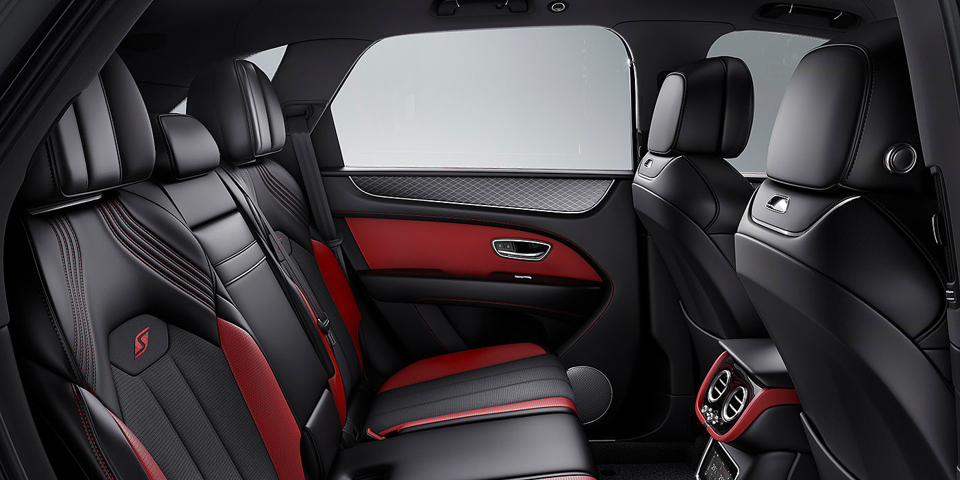Bentley Changsha Bentey Bentayga S interior view for rear passengers with Beluga black and Hotspur red coloured hide.