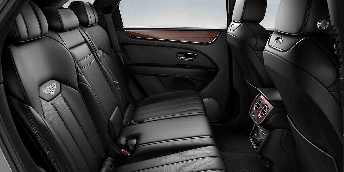 Bentley Changsha Bentley Bentayga EWB interior view for rear passengers with Beluga black hide.